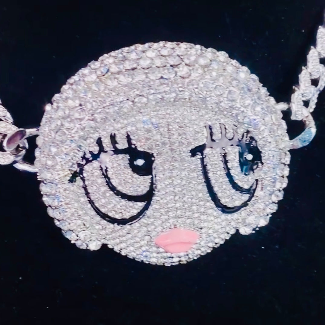 Ice Spice Silver CZ Gemstones Cartoon Pendant & 6mm CZ Cuban Link Hiphop Chain