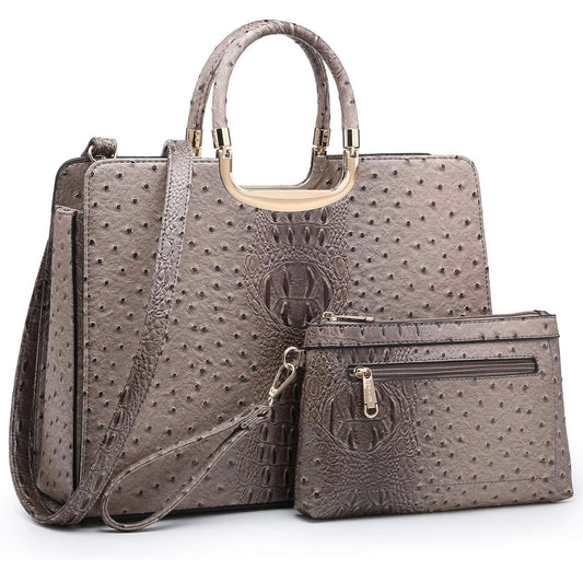Ostrich vegan leather handbag with a tan and dark brown crocodile embossed feel and design with shiny gold accents, adjustable strap and a matching wallet wristlet for ladies. Only found and available for purchase at Facetreasures Boutique and LadiesNGentz.com