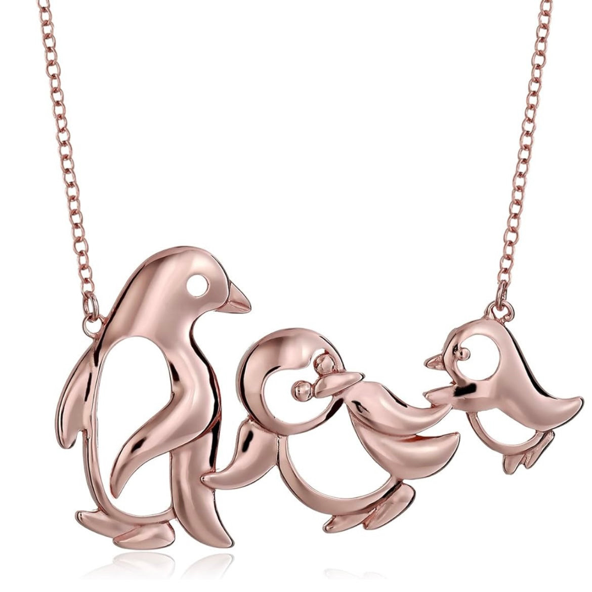 Triple Penguin Charm Necklace In Rose Gold Or 10K Gold, Hypoallergenic & Waterproof
