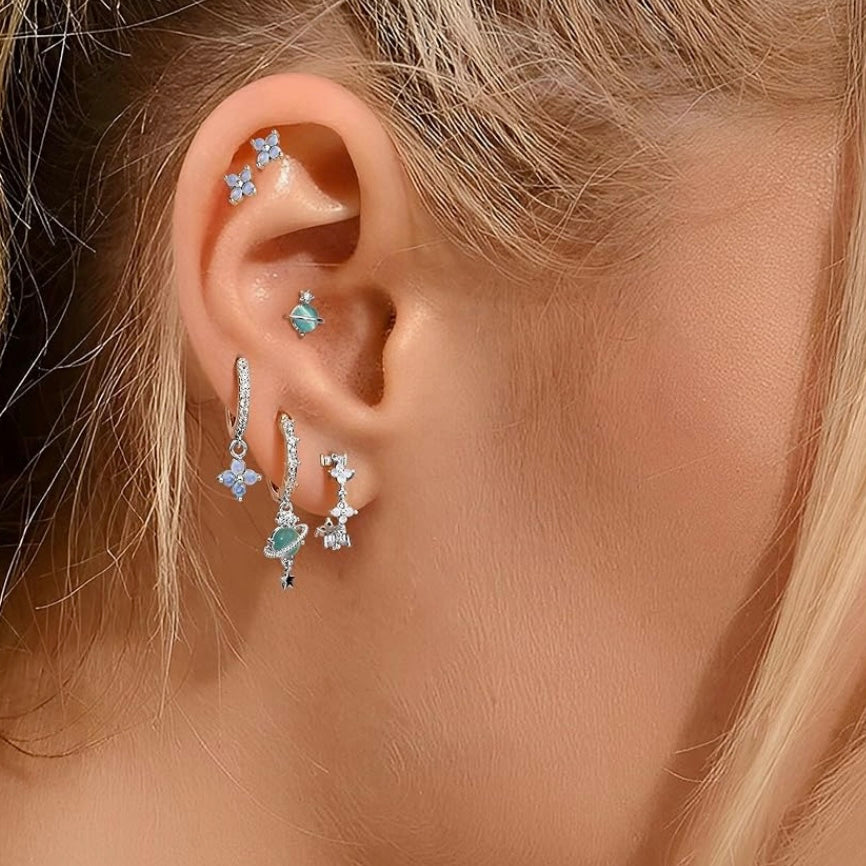 Australian Crystal Solar System Earring Set – 6-Piece Huggies, Studs, Cartilage & Dangle Jewelry
