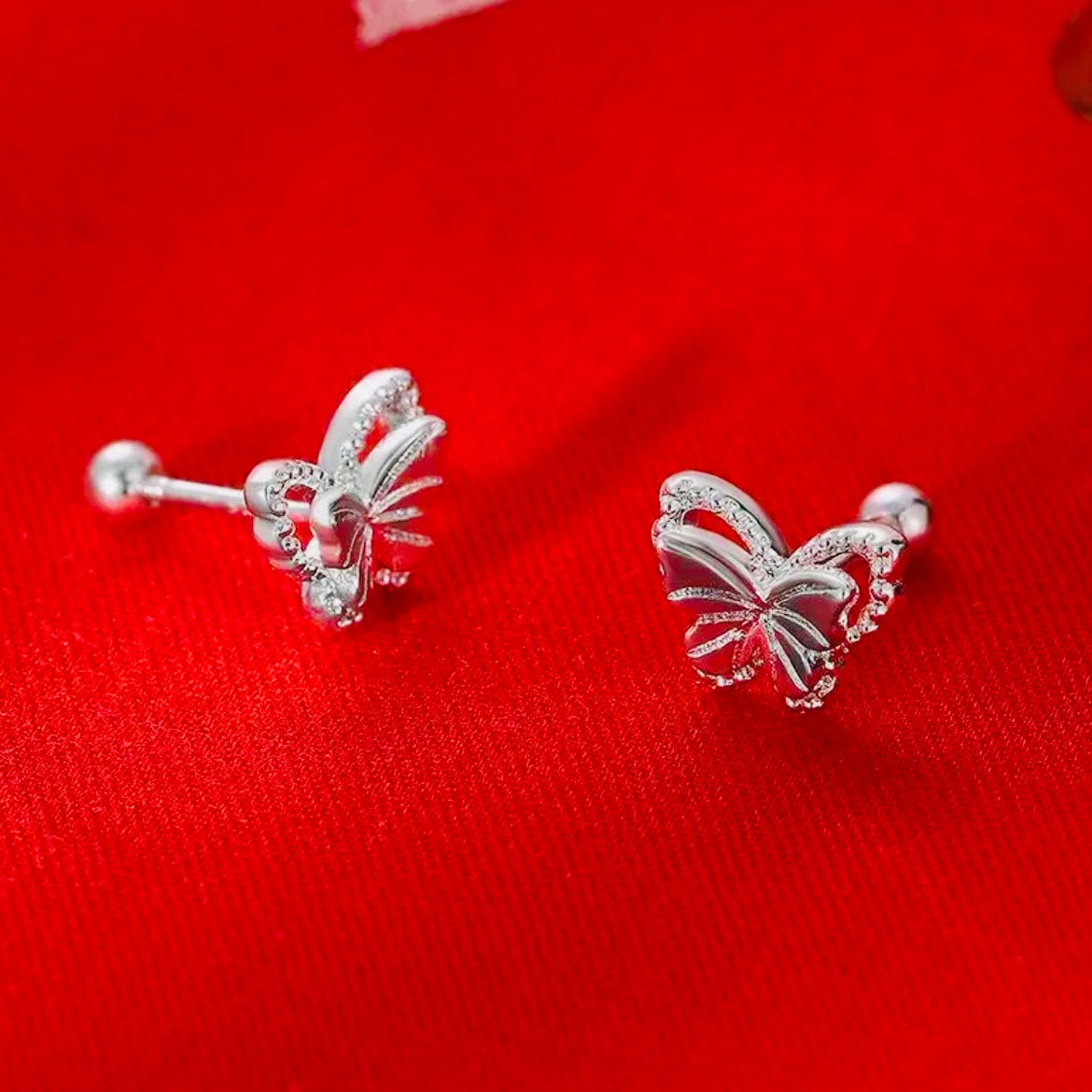 Dainty Silver Butterfly Stud Earrings with Sparkling CZ Crystals & Comfort Fit Back