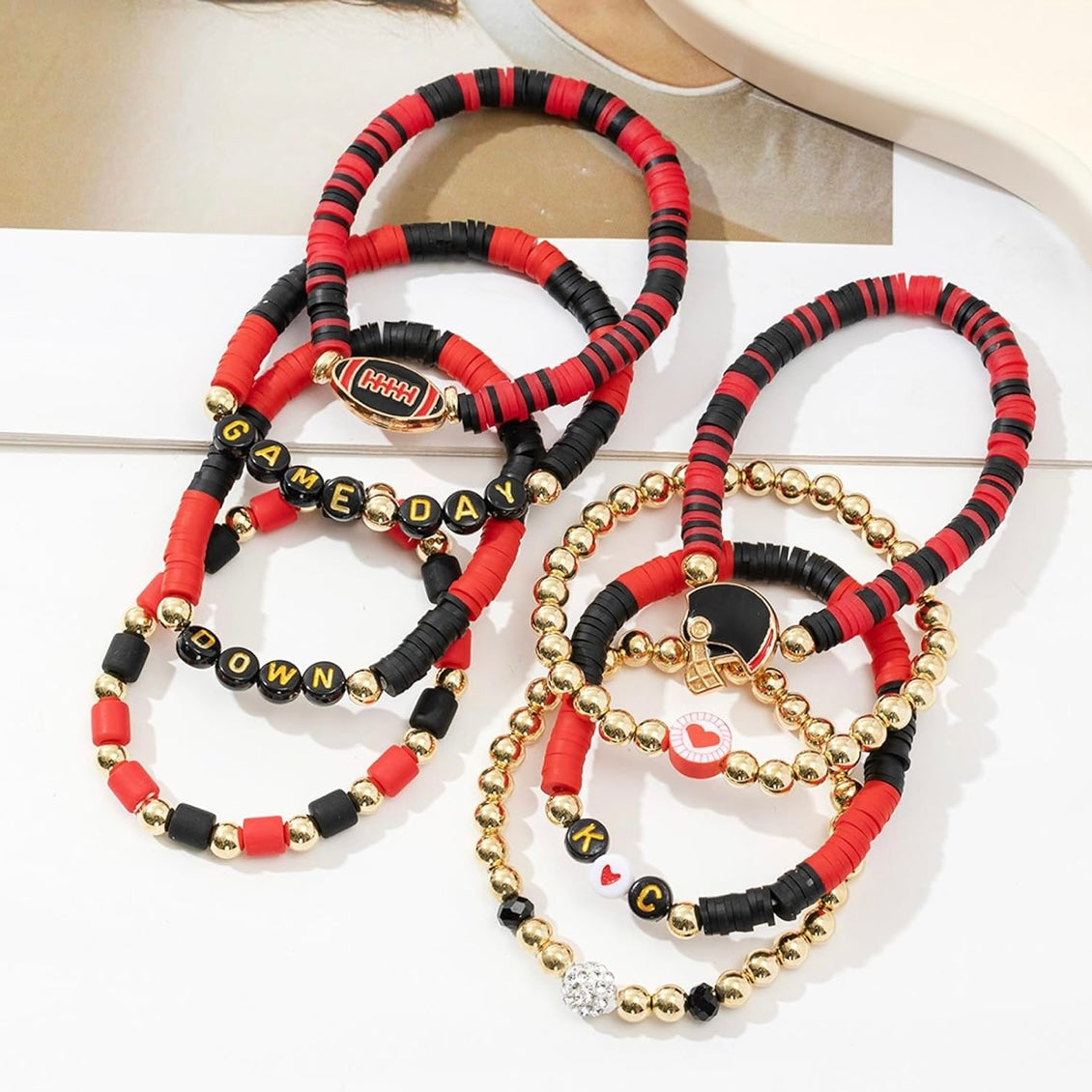 KC GameDay Red, Black, Gold CZ 8 Piece beaded Friendship Bracelet Set