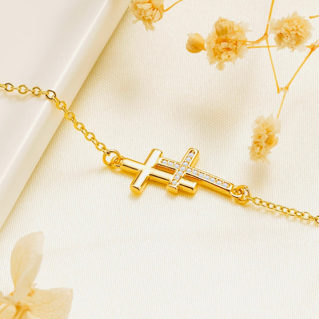 10k Gold Double Cross CZ Bracelet – Adjustable Faith & Sparkle Chain