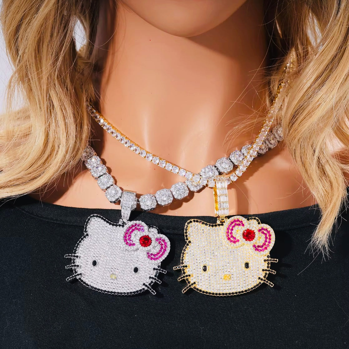 Kawaii Blinged Out Kitty Cat Silver Or Gold CZ Pendant, Hiphop Jewelry, USA Shipping