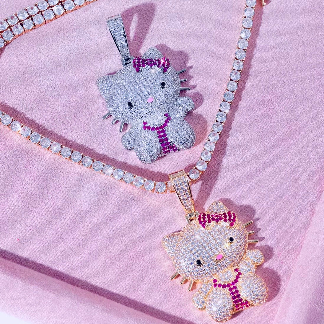 Silver Or Gold Multi Colored CZ Full Body Bling Kitty Pendant + Hiphop Tennis Necklace