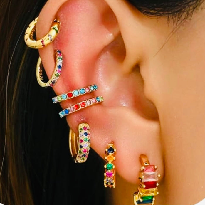 Elegant 7-Piece Ear Party Stacking Set - 14k Vermeil Gold & Silver with Sapphire and Multi-Color CZ Gemstones