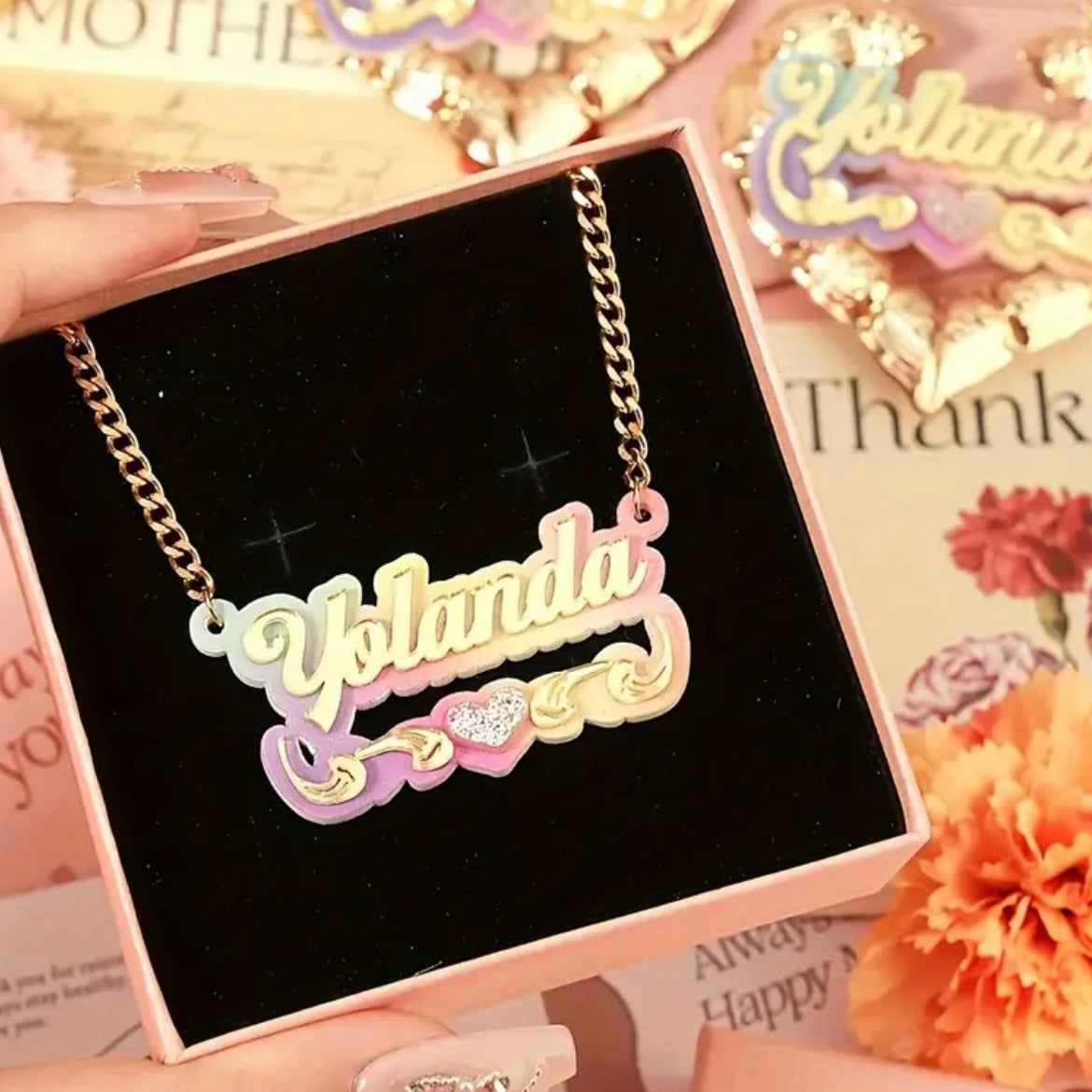 Personalized Cursive Name Necklace and Bamboo Earrings Set, Cute Iridescent Jewelry Gift