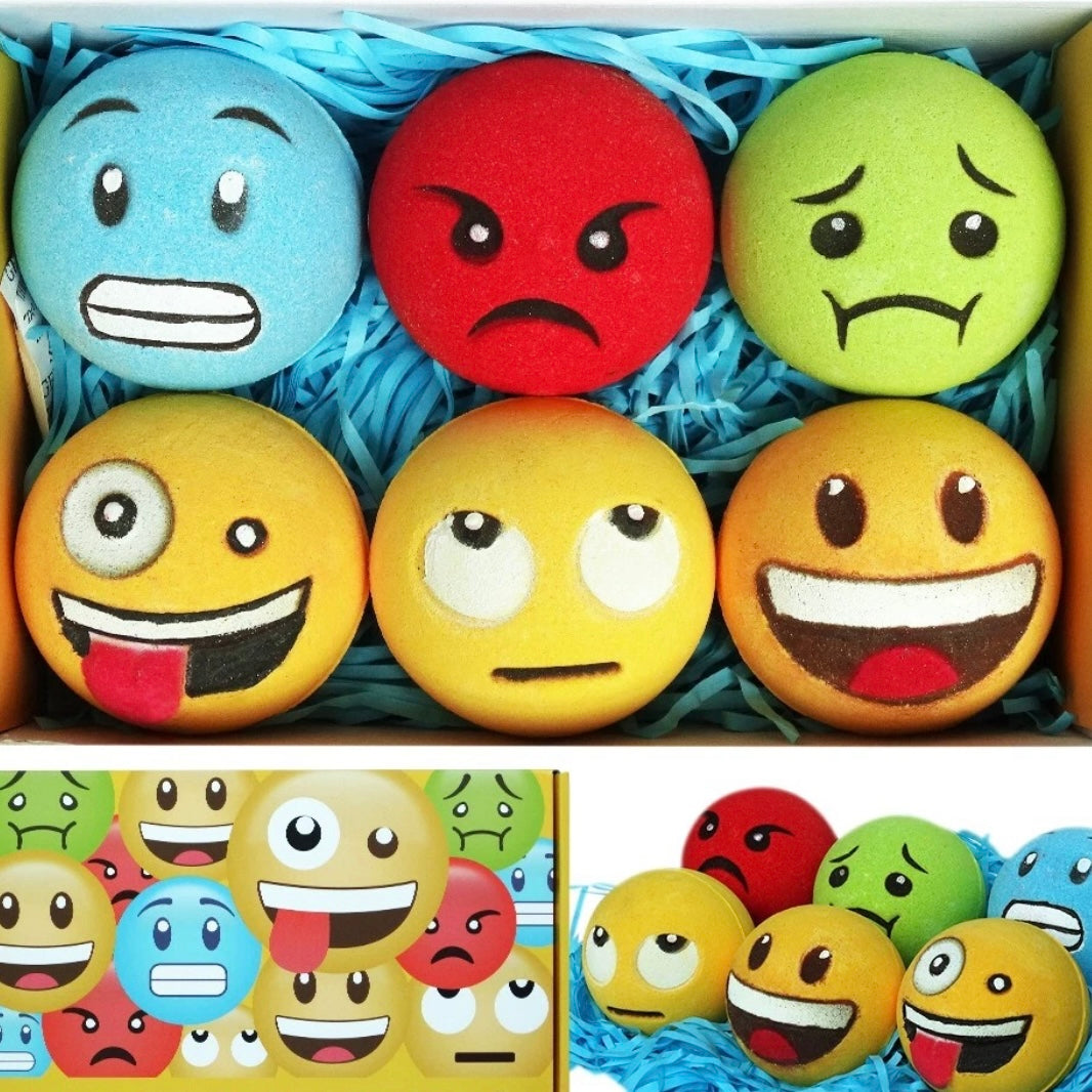 Emoji Bath Bombs for Kids & Adults – All-Natural, Vegan, Sensitive Skin Friendly, 6 Piece Fun Gift Set
