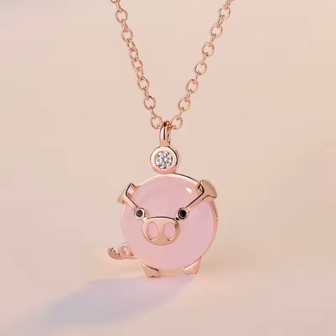 Rose Gold Piglet Pendant With Rose Quartz And Australian Crystal On 14k Vermeil Gold Or Silver Chain