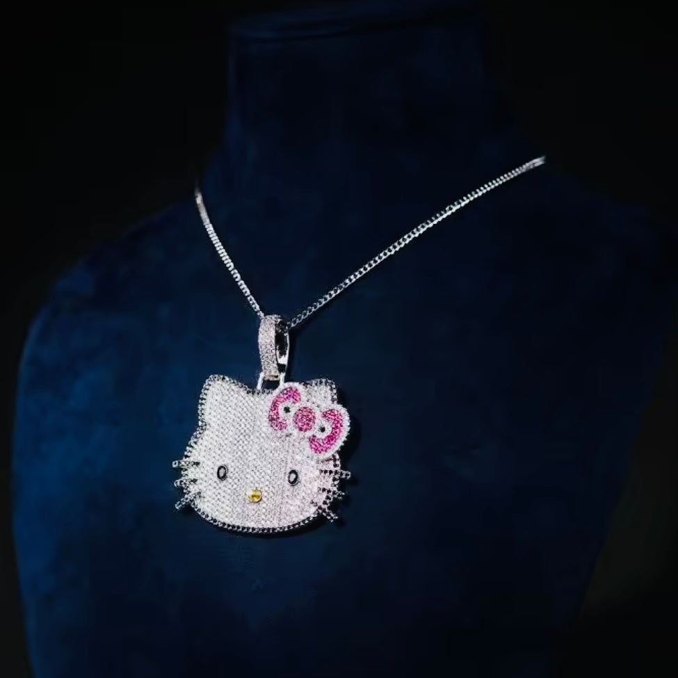 Kawaii Blinged Out Kitty Cat Silver Or Gold CZ Pendant, Hiphop Jewelry, USA Shipping