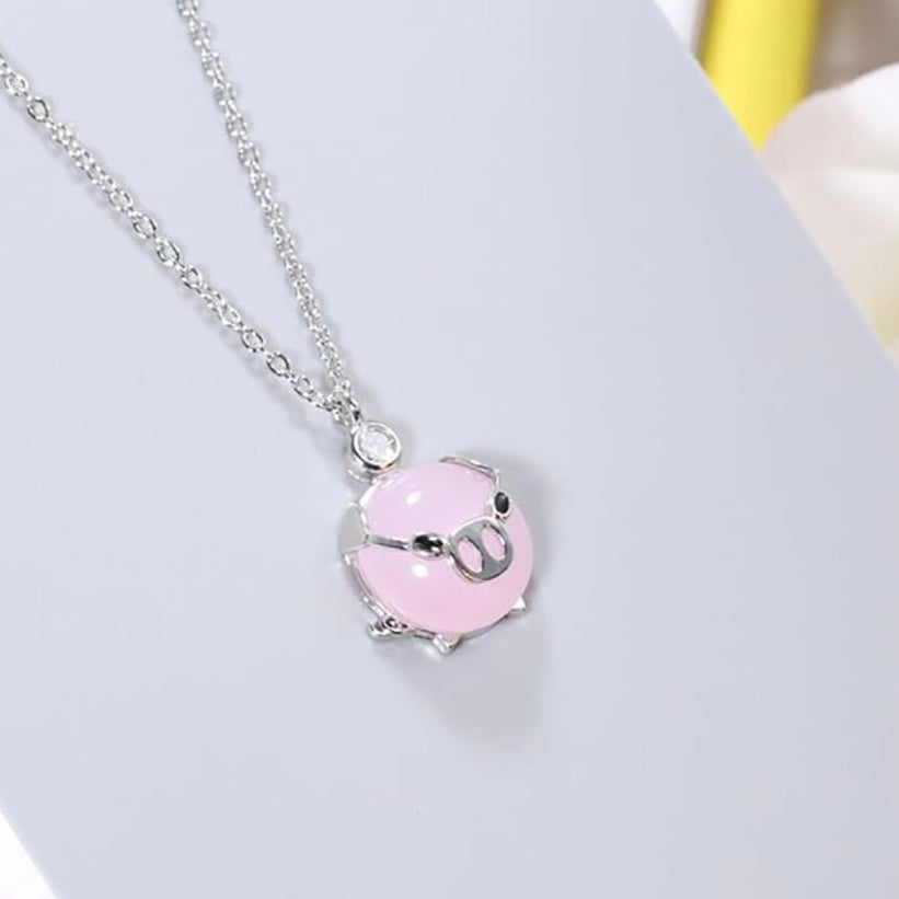 Rose Gold Piglet Pendant With Rose Quartz And Australian Crystal On 14k Vermeil Gold Or Silver Chain