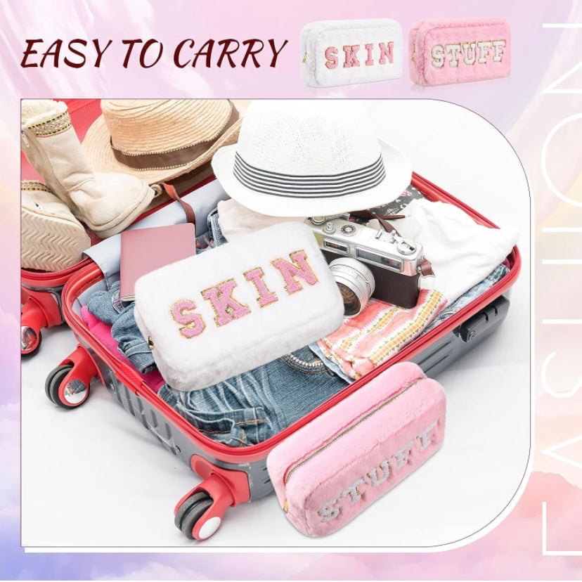 Pink or White Plush Makeup Bag with Glitter Lettering | TSA-Approved Cosmetic Bag