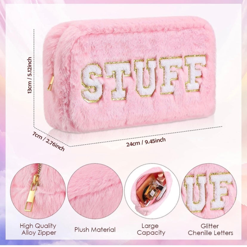 Pink or White Plush Makeup Bag with Glitter Lettering | TSA-Approved Cosmetic Bag