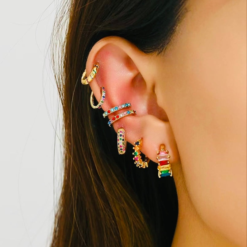 Elegant 7-Piece Ear Party Stacking Set - 14k Vermeil Gold & Silver with Sapphire and Multi-Color CZ Gemstones