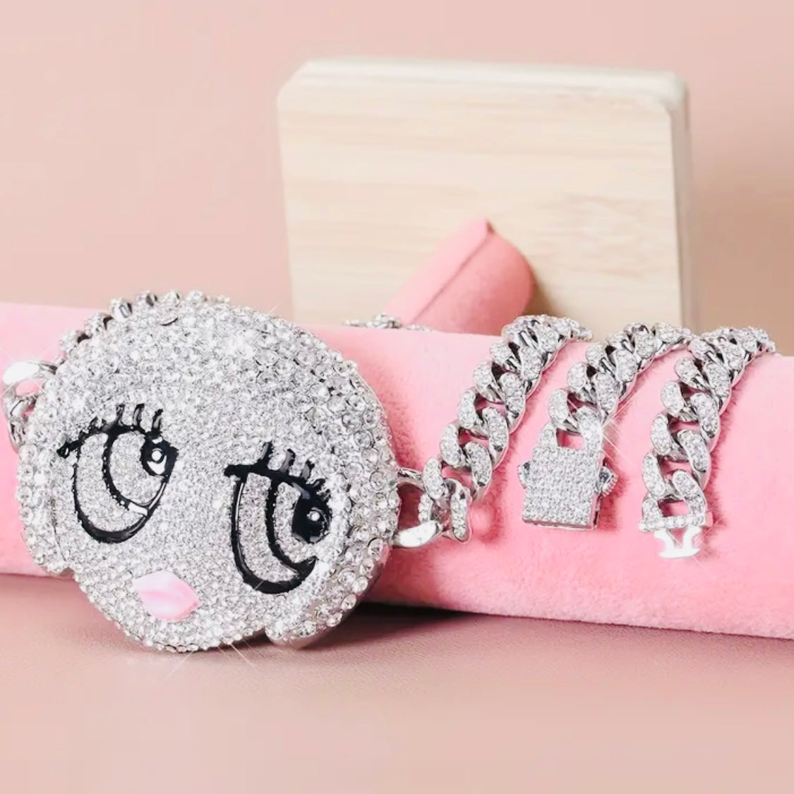 Ice Spice Silver CZ Gemstones Cartoon Pendant & 6mm CZ Cuban Link Hiphop Chain