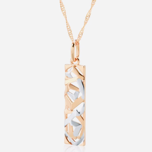 This Sterling Silver, Rose Gold, and High-grade Steel tricolor necklace and earrings set is perfect for any special woman in your life. Crafted with expertly sourced top-grade steel and silver material, these pieces are timeless and sure to make a lasting impression. The pendant is a twisted-rectangle shape adorned with dazzling sparkles, while the 18-inch link-style necklace complements with a bold yet elegant look. Matching tricolor earrings complete the set - perfect for any occasion!