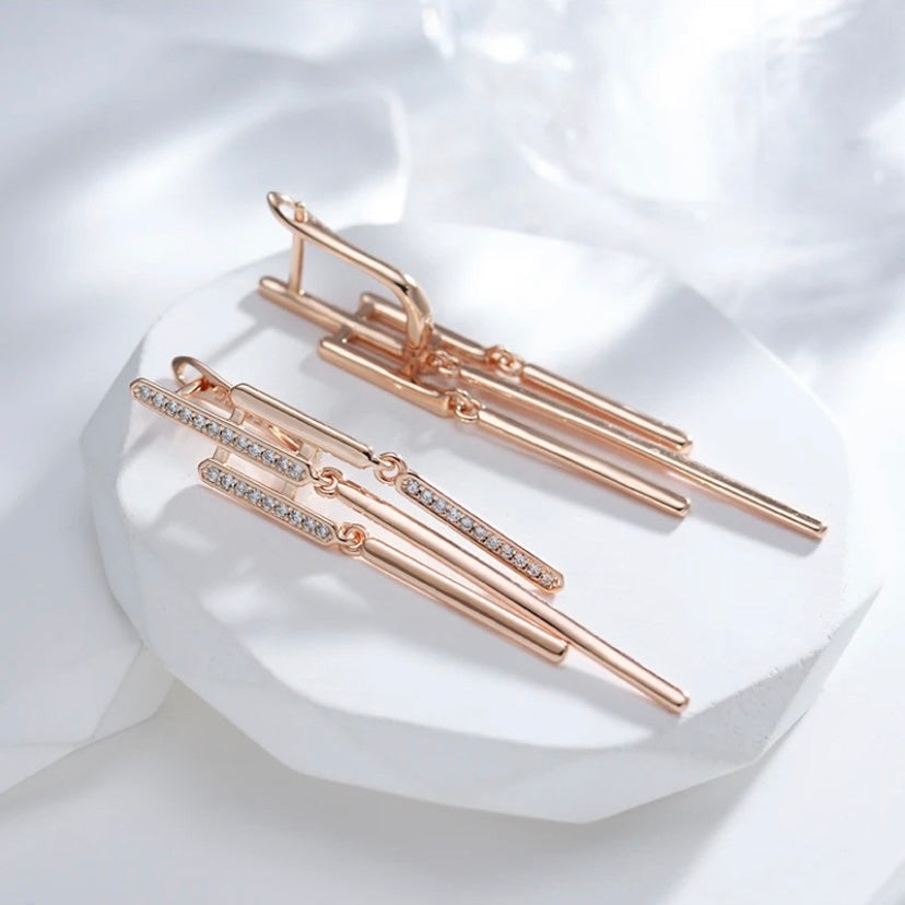 Ladies Elegant 14k 585 Pure Rose Gold Diamond Sapphire Minimalist Earrings 1 ctw.