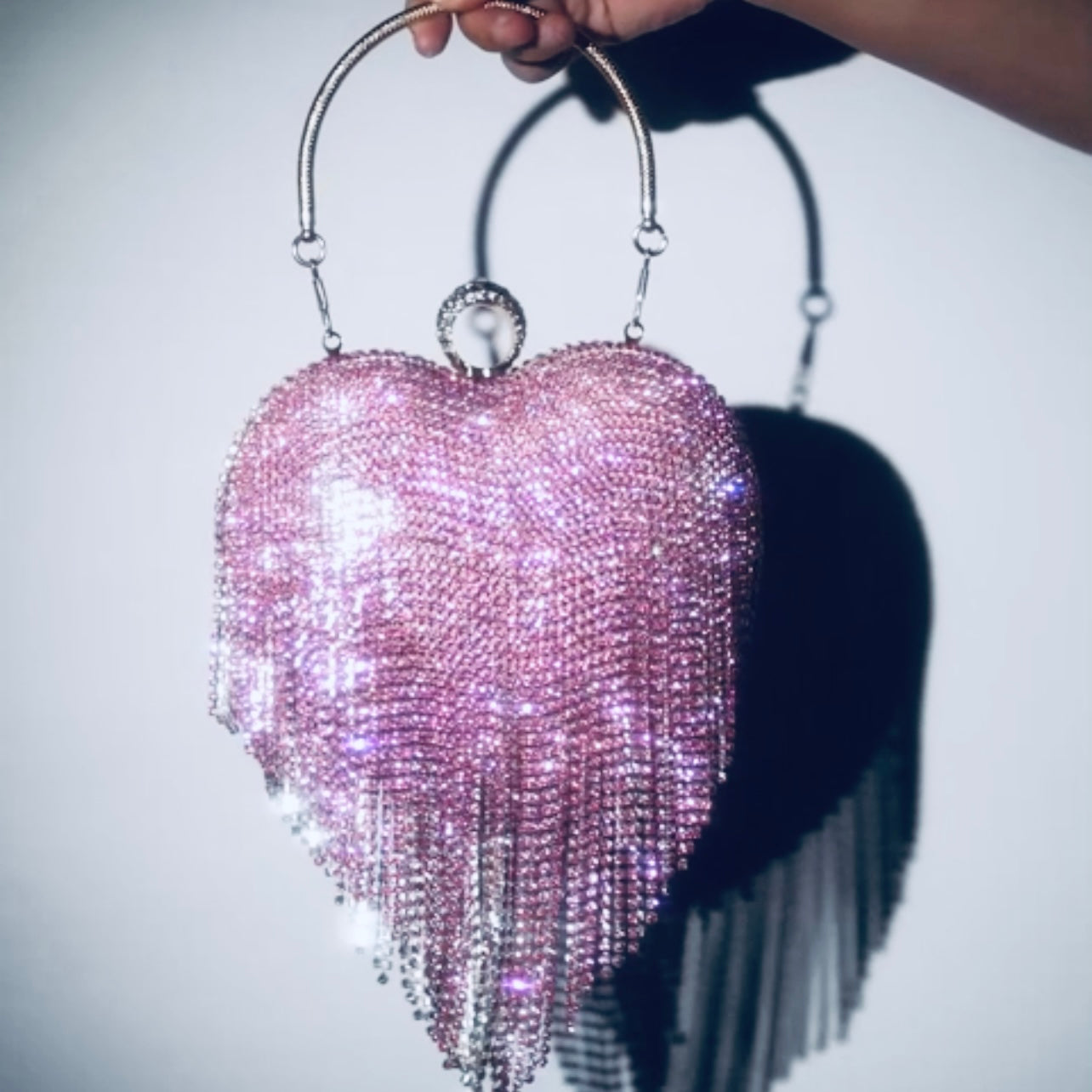 Glitter Diamond Heart-Shaped Tassel Handbag w/Adjustable Shoulder Chain in 4 Different Colors