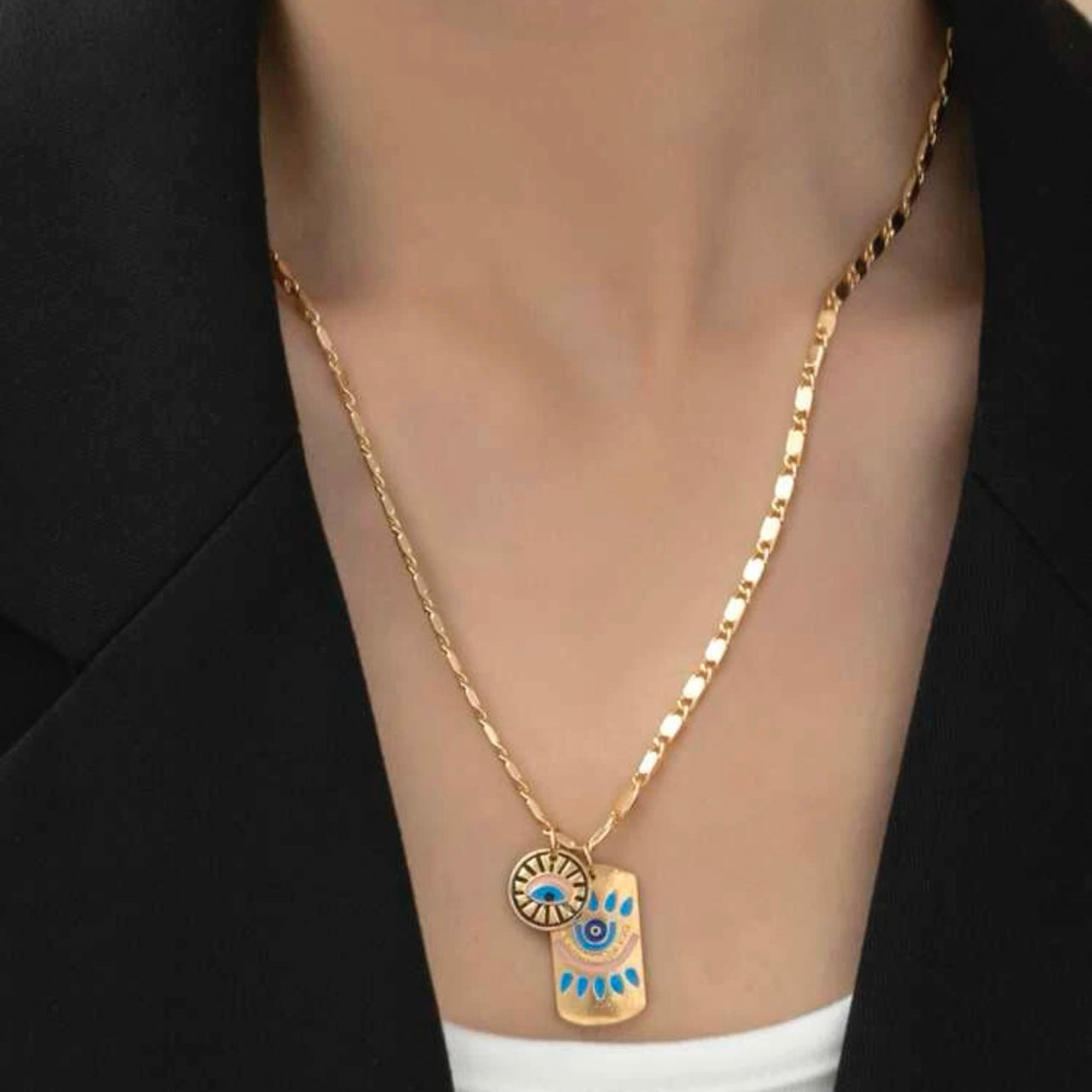 Gold Plated Evil Eye & Protection Pendant Necklace With Blue Accents And A 17In Chain