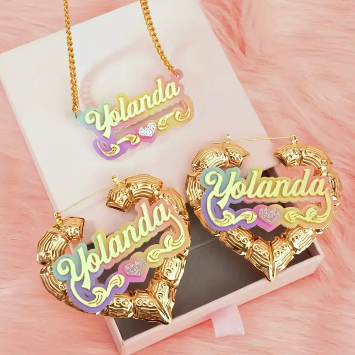 Personalized Cursive Name Necklace and Bamboo Earrings Set, Cute Iridescent Jewelry Gift