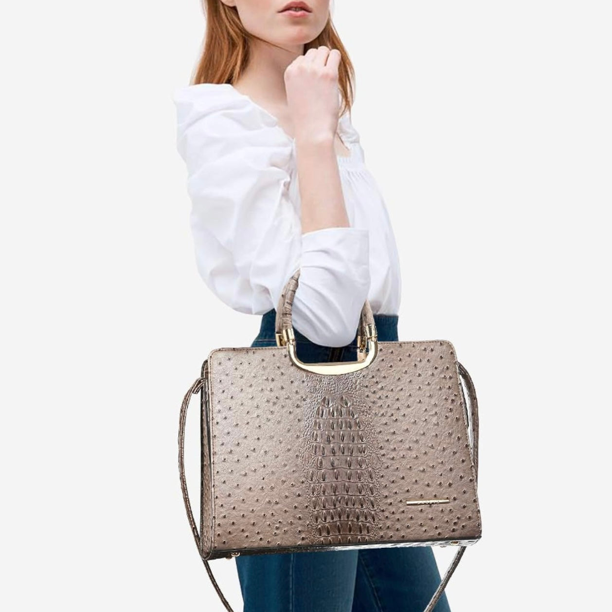 Ostrich vegan leather handbag with a tan and dark brown crocodile embossed feel and design with shiny gold accents, adjustable strap and a matching wallet wristlet for ladies. Only found and available for purchase at Facetreasures Boutique and LadiesNGentz.com