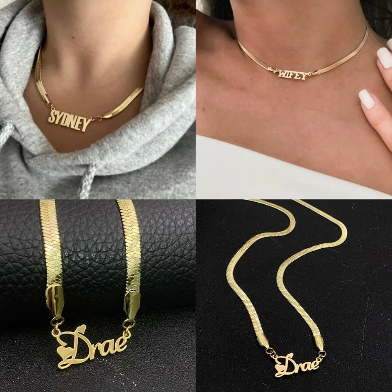 Customizable 14k Vermeil Gold Herringbone Necklace with Personalized Name Pendant W/ Free Shipping & Gift Box