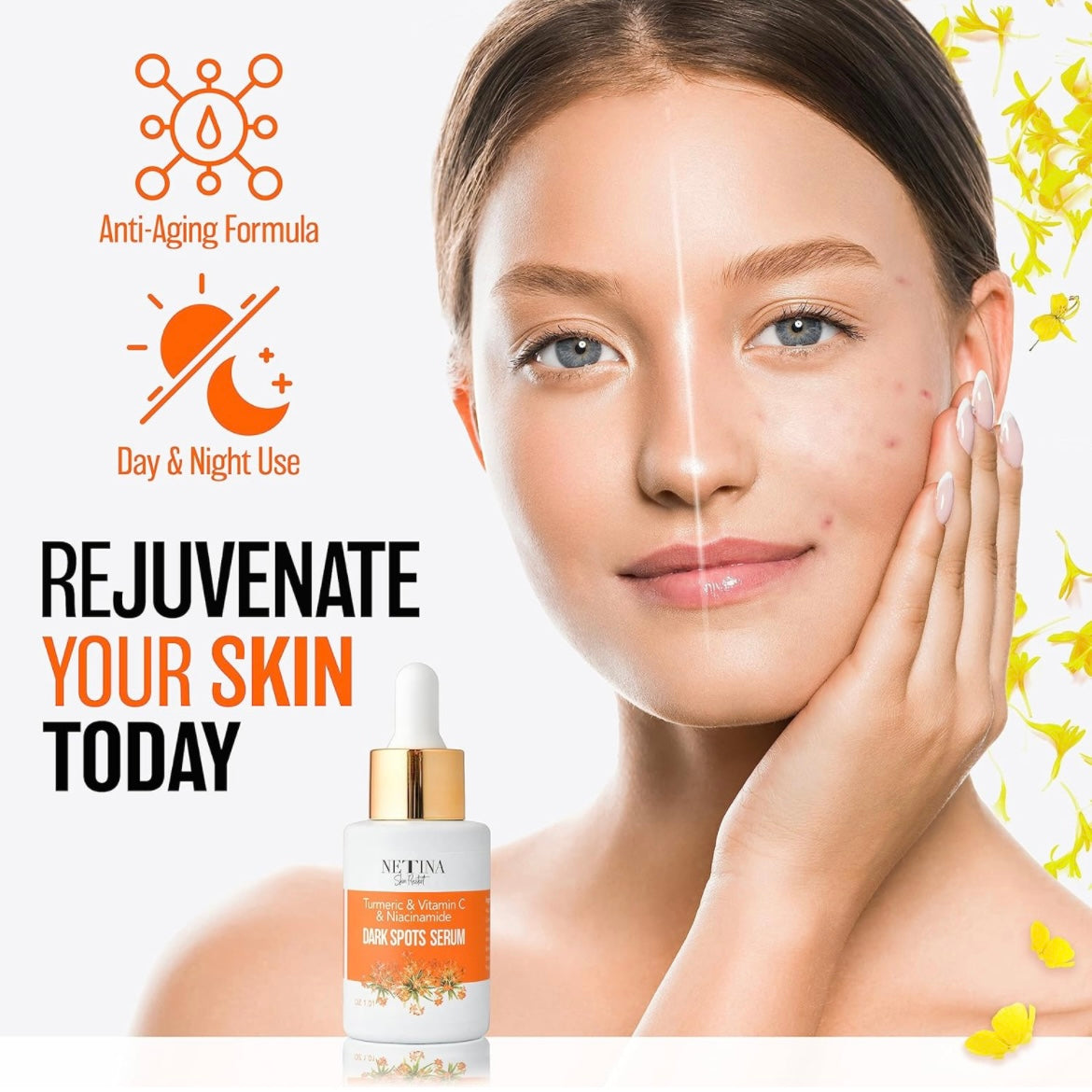 Lady showing one side of her face using the Turmeric, Vita C and vitamin E serum showing results after 1 week and a split screen showing her skin and the damage that’s unchanged by not using this tumeric skin serum