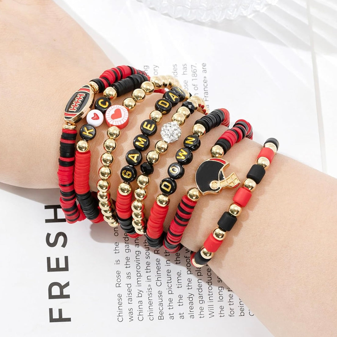 KC GameDay Red, Black, Gold CZ 8 Piece beaded Friendship Bracelet Set