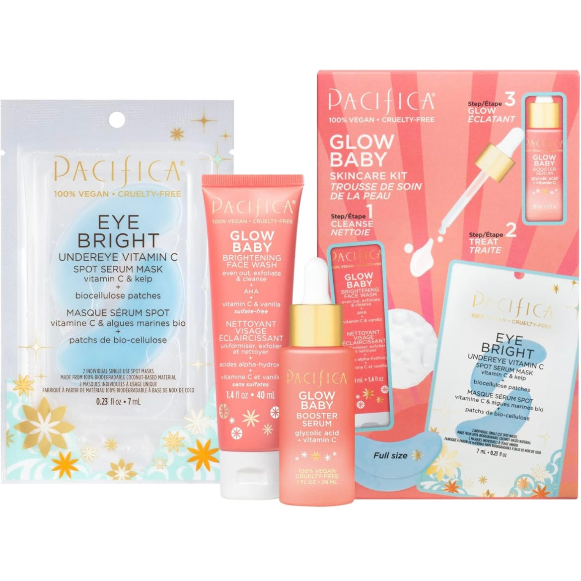 Pacifica beauty glow baby brighting wash, Glow boosting facial serum and kelp infused eye bright undereye mask kit on a white background