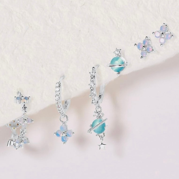 Australian Crystal Solar System Earring Set – 6-Piece Huggies, Studs, Cartilage & Dangle Jewelry