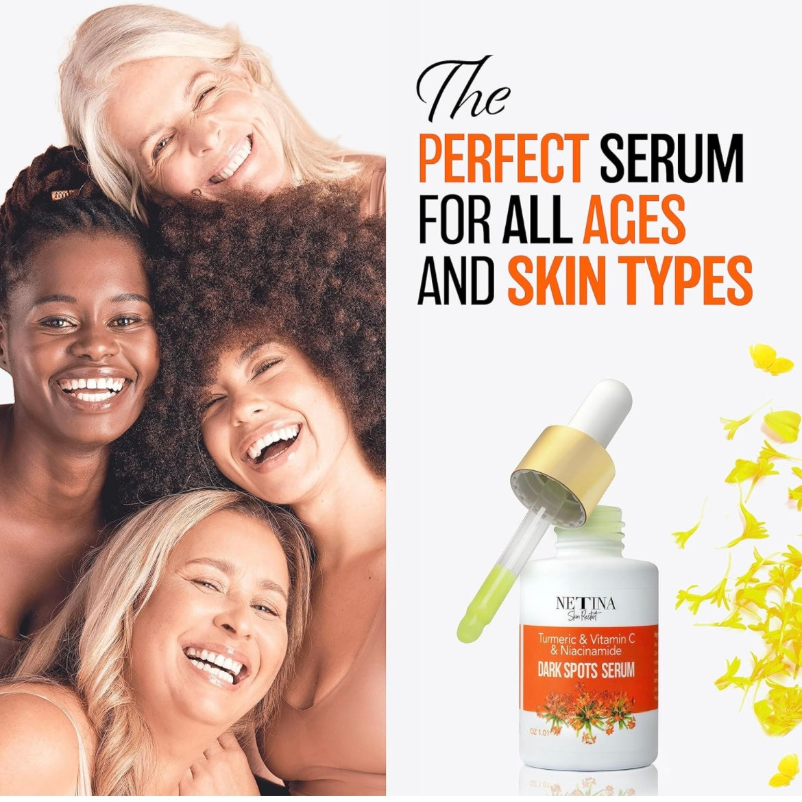 Group of ladies celebrating their even glowing skin by using the FaceTreasures Vitamin E, Tumeric and vitamin C Dark Spot eliminating skin serum.