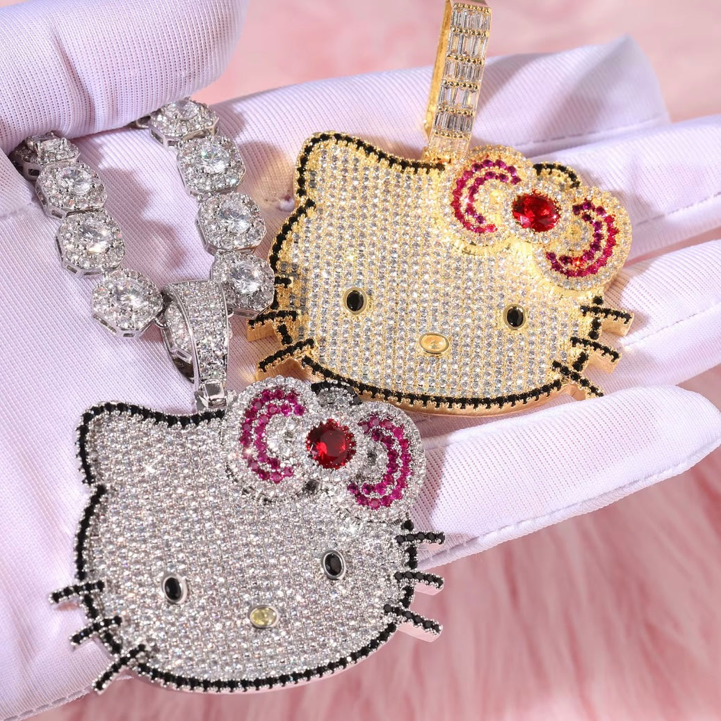 Kawaii Blinged Out Kitty Cat Silver Or Gold CZ Pendant, Hiphop Jewelry, USA Shipping
