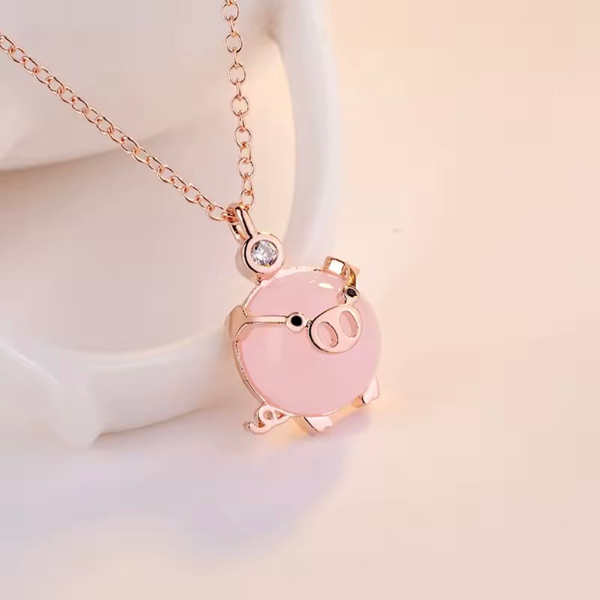 Rose Gold Piglet Pendant With Rose Quartz And Australian Crystal On 14k Vermeil Gold Or Silver Chain