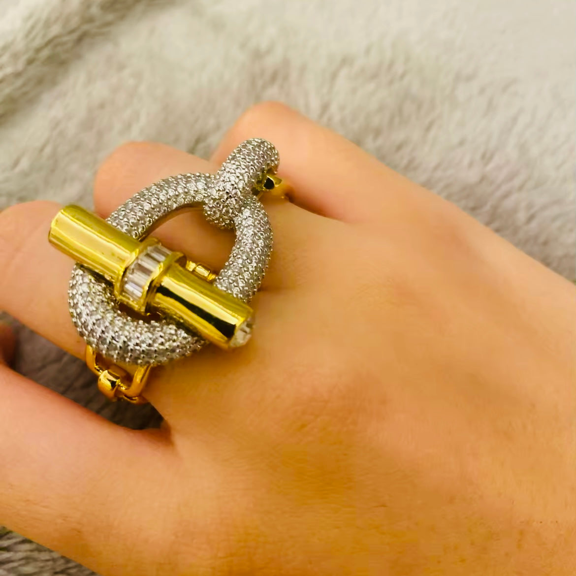 Gold and Silver Buckle Bracelet & Matching Double Finger Ring - Unique Intertwined Design