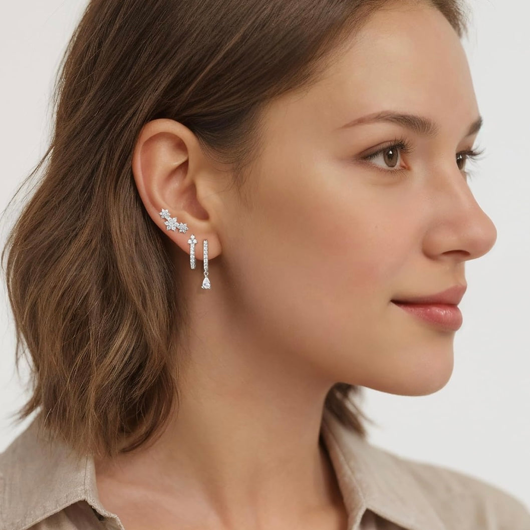 3-Piece Cubic Zirconia Huggie & Stud Earring Set – Gold Or Silver Ear Stack for Multiple Piercings