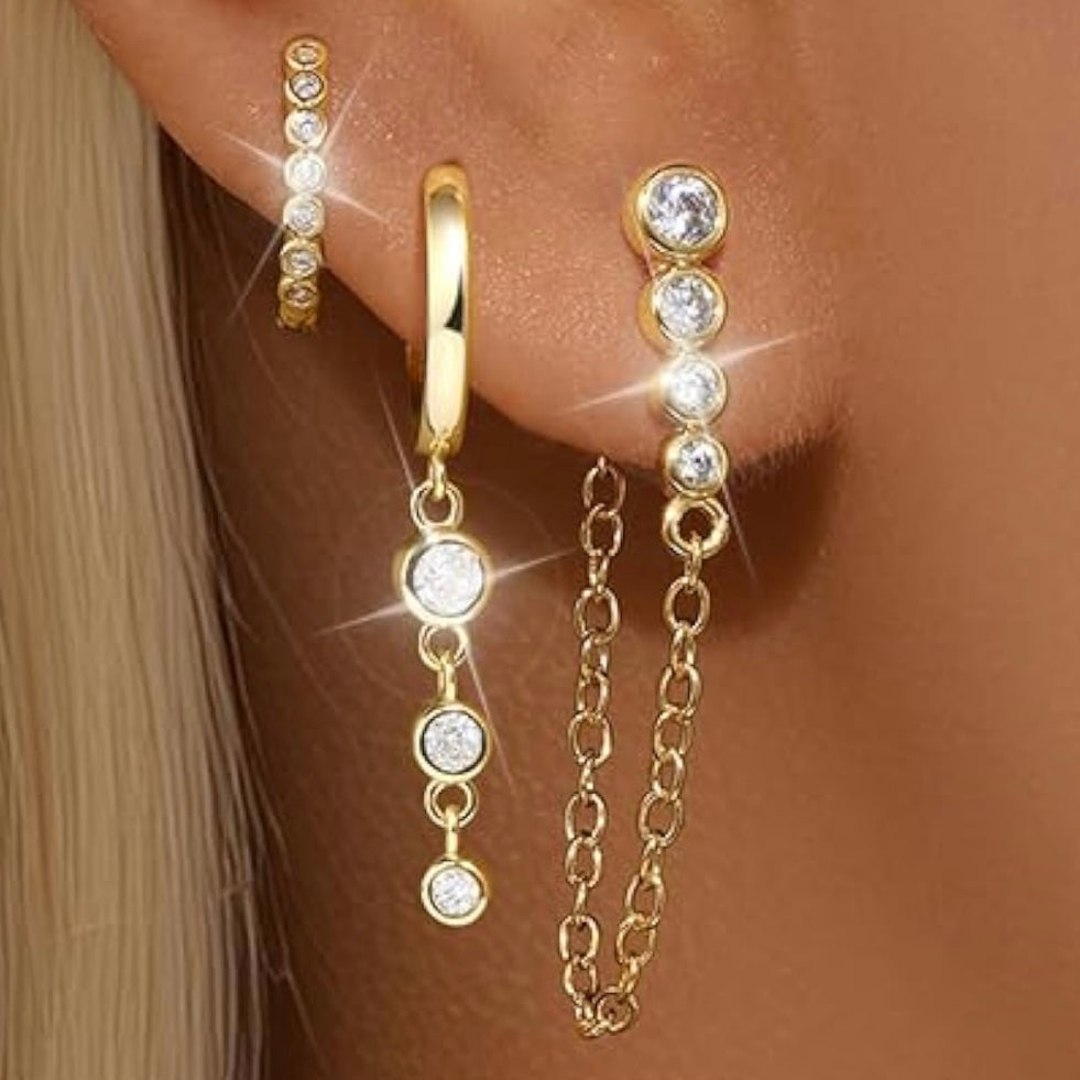 Gold Ear Stack Set – Dainty Hoop & Chain Earrings with CZ Gemstones | Ear Party, Ladies Pierced Jewelry