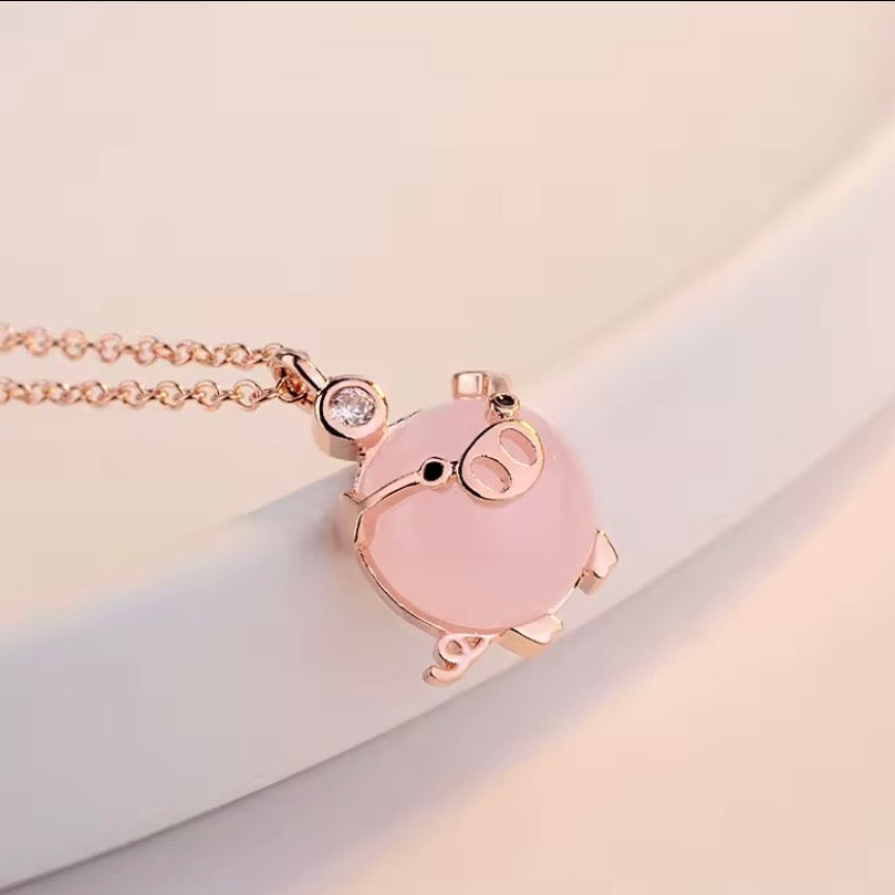 Rose Gold Piglet Pendant With Rose Quartz And Australian Crystal On 14k Vermeil Gold Or Silver Chain