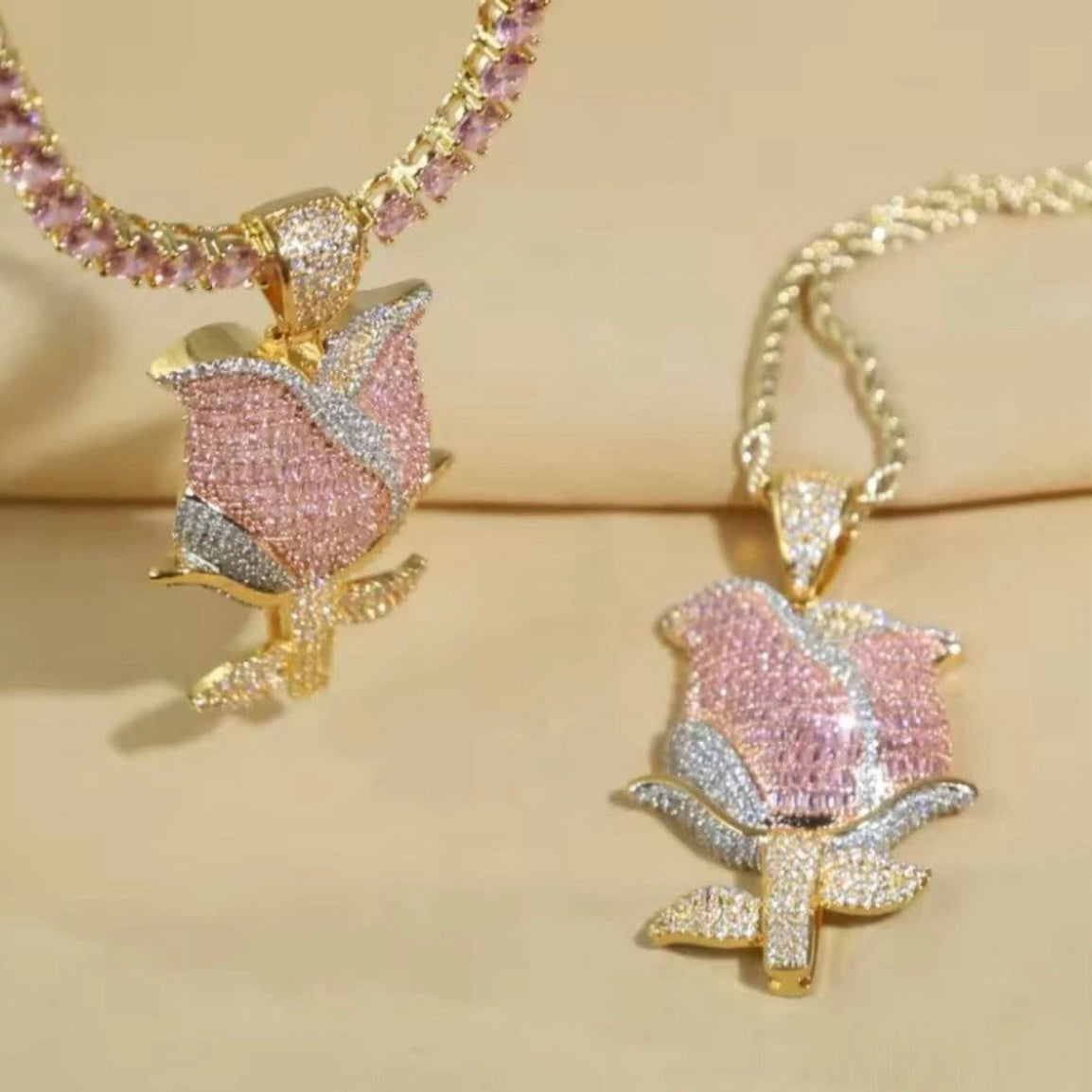 Beautiful Blinged Out Rose Gold, Tri-Color Silver Cubic Zirconia & Sapphire Rose Pendant w/ Free Chain, Hiphop Jewelry