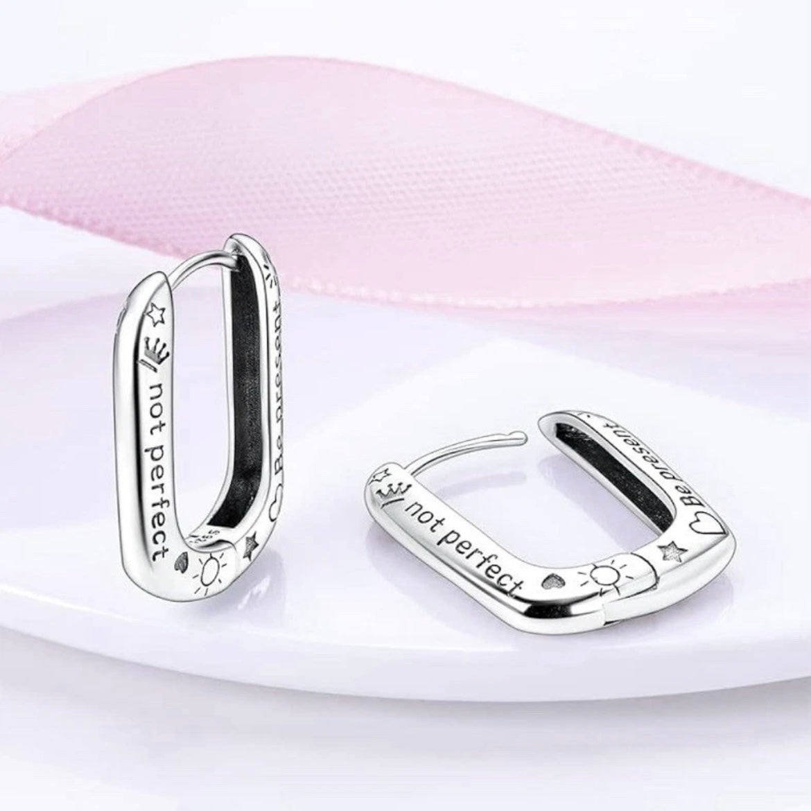 Elegant 925 Silver Huggie Engraved Earrings “Be Perfect Not Present”