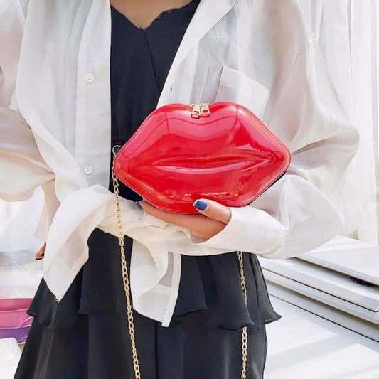 Elegant Lip 💋 Handbag, Evening Bag w/Adjustable Gold Chain shoulder Strap, comes in Several Colors, picture shows lady holding red lip hand bag