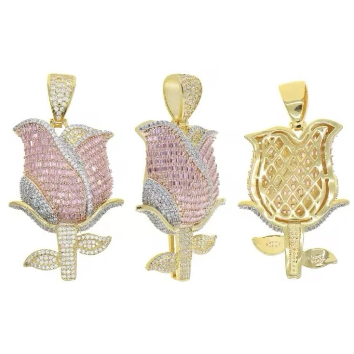 Beautiful Blinged Out Rose Gold, Tri-Color Silver Cubic Zirconia & Sapphire Rose Pendant w/ Free Chain, Hiphop Jewelry