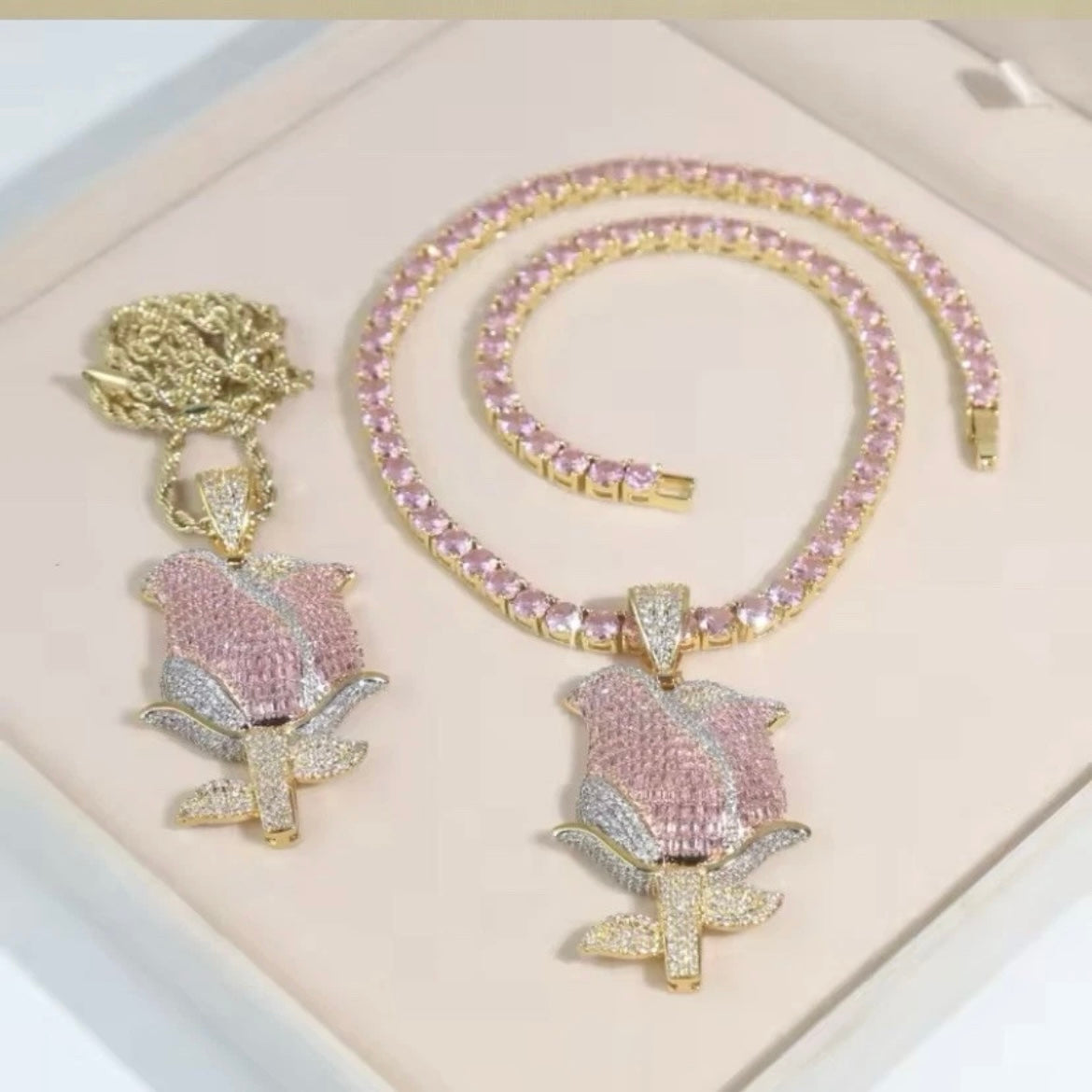 Beautiful Blinged Out Rose Gold, Tri-Color Silver Cubic Zirconia & Sapphire Rose Pendant w/ Free Chain, Hiphop Jewelry