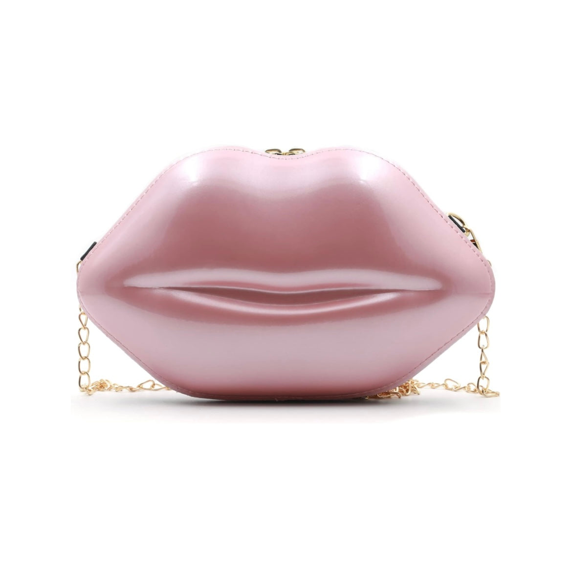 Elegant Lip 💋 Handbag, Evening Bag w/Adjustable Gold Chain shoulder Strap, comes in Several Colors, picture shows Blush champagne color lip handbag displayed