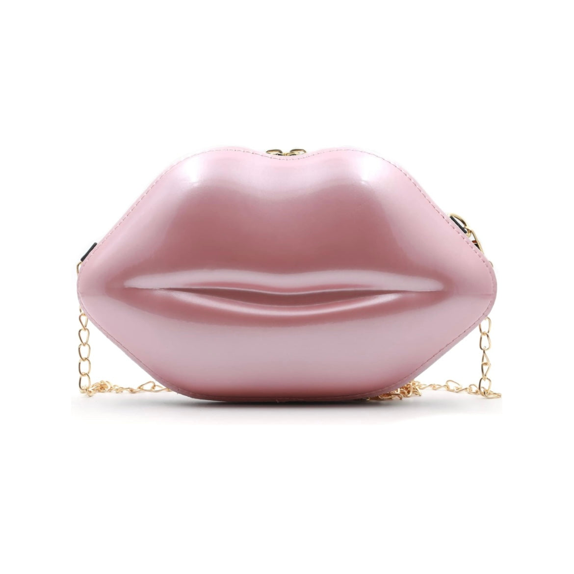 Elegant Lip 💋 Handbag, Evening Bag w/Adjustable Gold Chain shoulder Strap, comes in Several Colors, picture shows Blush champagne color lip handbag displayed 