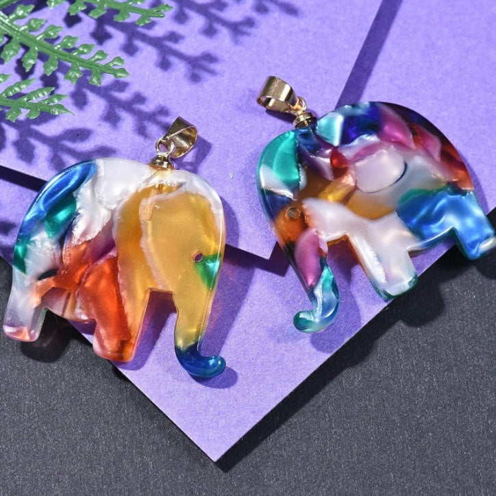 Enchanting Lucky 100% Jade Stone & Peal Shell Multi Color Hand Carved Elephant Pendant w/ Choice Of Matching 10k Gold Or Silver Water Wave Necklace