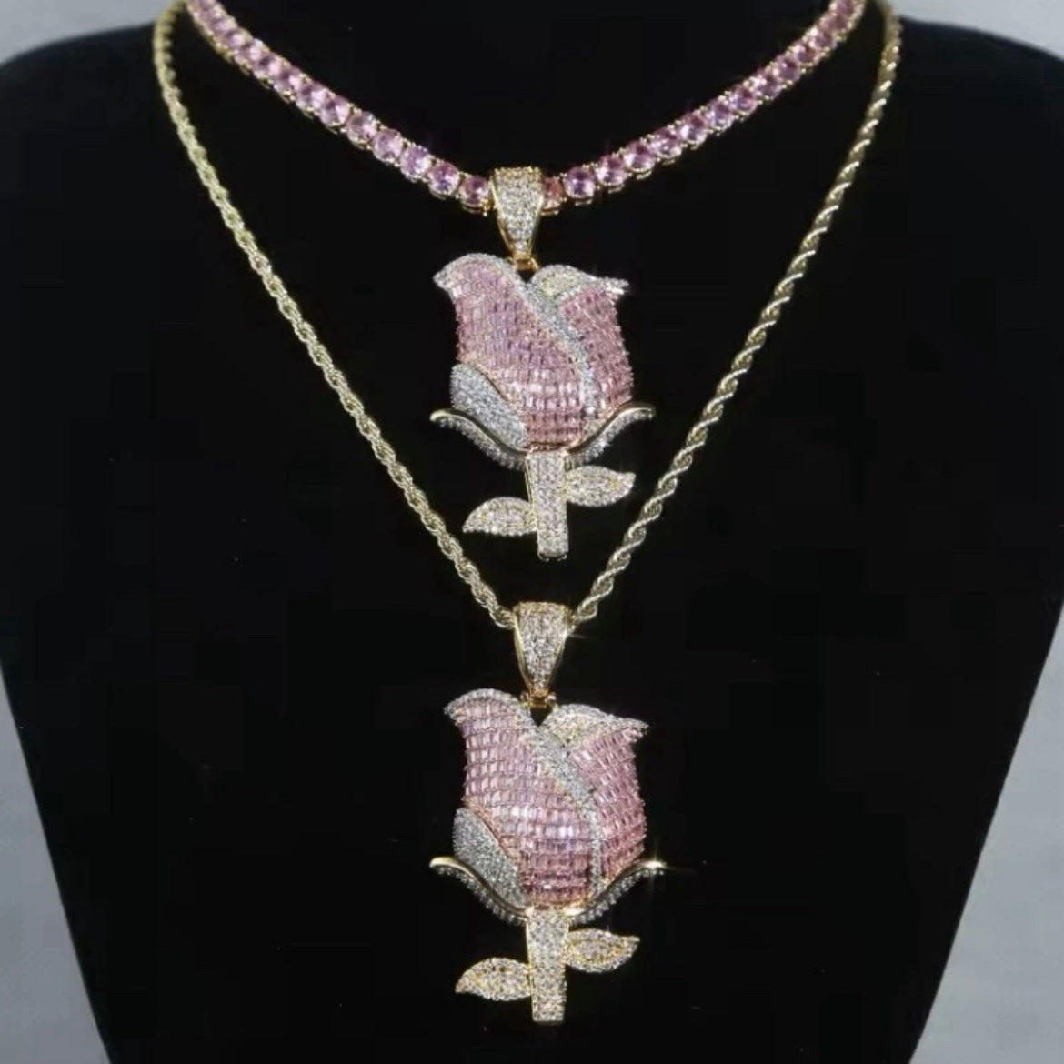 Beautiful Blinged Out Rose Gold, Tri-Color Silver Cubic Zirconia & Sapphire Rose Pendant w/ Free Chain, Hiphop Jewelry