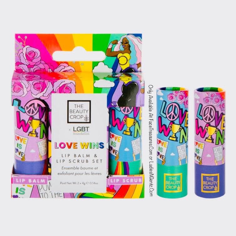 The beauty crop “Love Wins” lip balm and lip scrub duo gift set donates a portion of all proceeds and sales to the LGBTQ Foundation.m To help raise money to improve on self-love and self-care. These unique Gift sets are limited and made in collaboration with our business for the next two months, only available at FaceTreasures.com