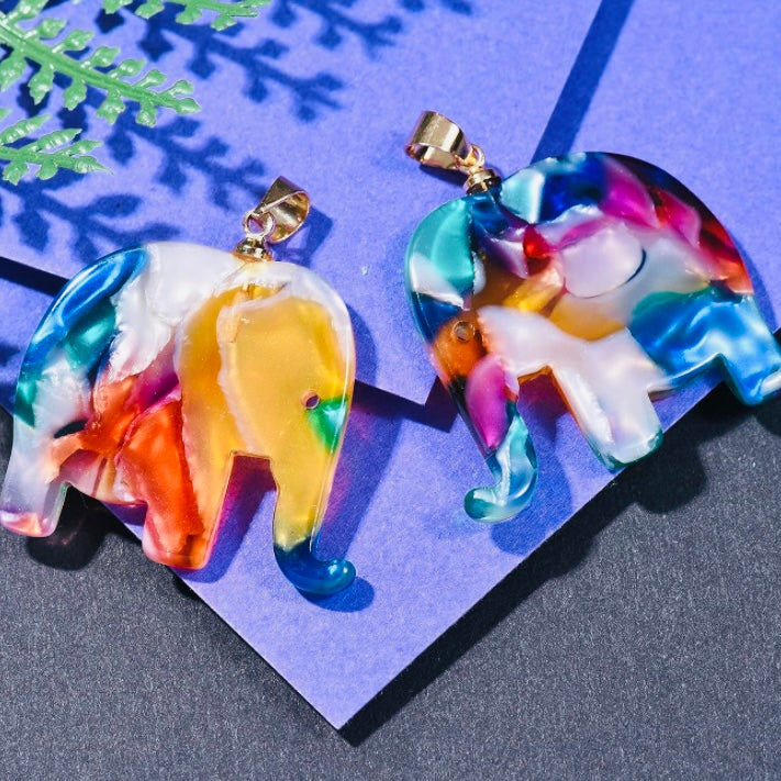 Enchanting Lucky 100% Jade Stone & Peal Shell Multi Color Hand Carved Elephant Pendant w/ Choice Of Matching 10k Gold Or Silver Water Wave Necklace