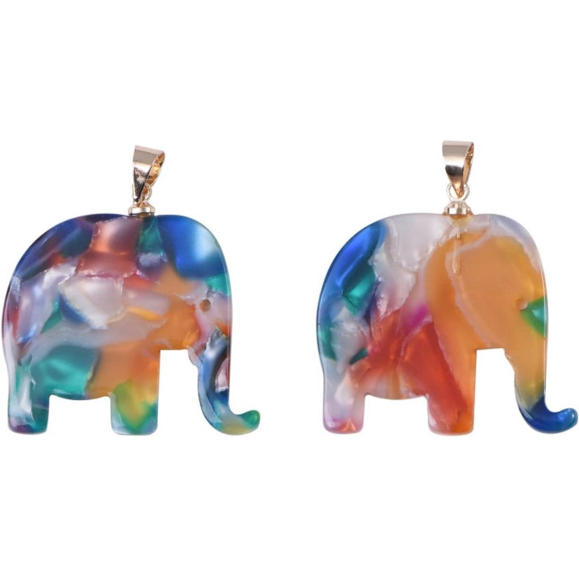 Enchanting Lucky 100% Jade Stone & Peal Shell Multi Color Hand Carved Elephant Pendant w/ Choice Of Matching 10k Gold Or Silver Water Wave Necklace