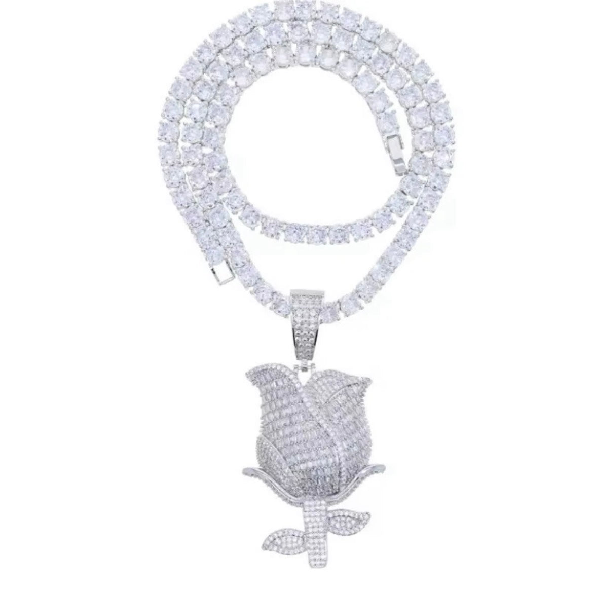Beautiful Blinged Out Rose Gold, Tri-Color Silver Cubic Zirconia & Sapphire Rose Pendant w/ Free Chain, Hiphop Jewelry